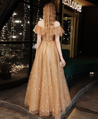 Gold off shoulder tulle long prom dress, gold evening dress