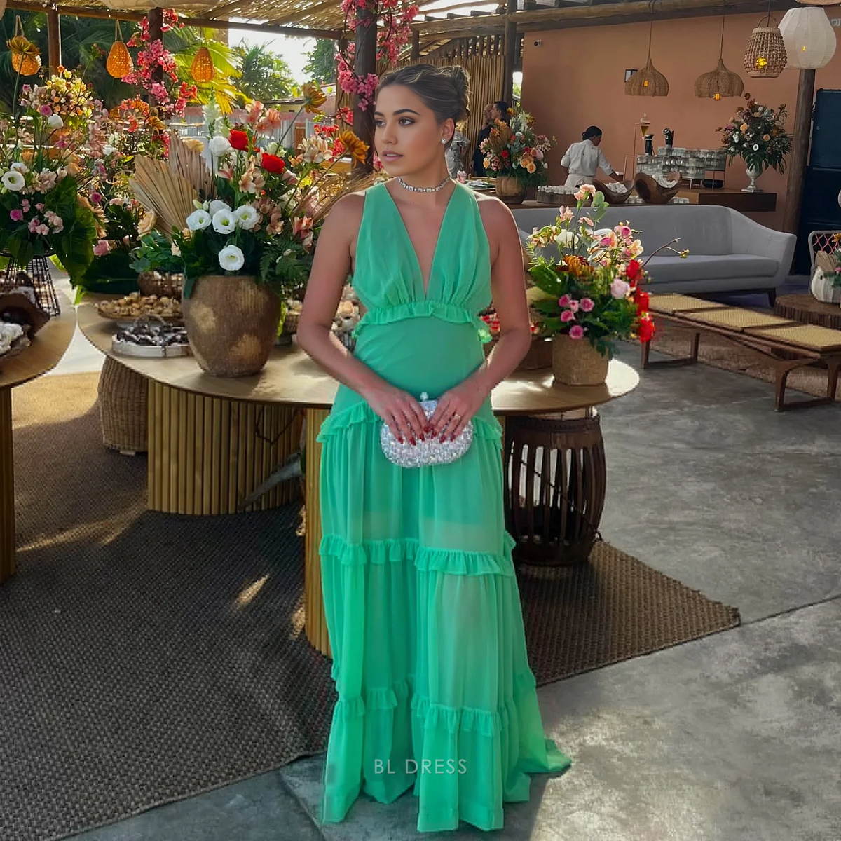 A Line V Neck Ruffle Green formal dresses Bridesmaid Dresses evening gown Prom Dress