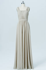 Grey Chiffon Wide Straps Banded Waist Bridesmaid Dress