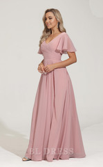 A-line V Neck Short Sleeves Chiffon Pleated formal dresses Bridesmaid Dresses evening gown Prom Dress with Slit