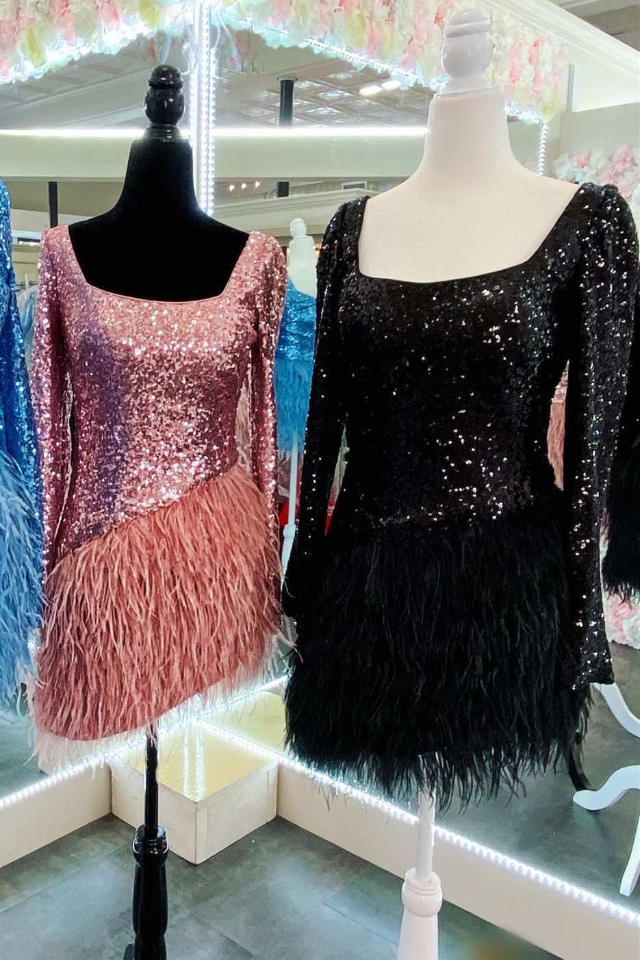 High-Low Sequin Feather Square Neck Long Sleeve Cocktail Dress