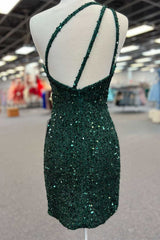One-Shoulder Hunter Green Sequins Short Homecoming Dress