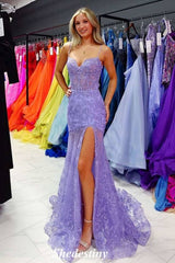 Spaghetti Straps Lilac Mermaid Applique Fitted Prom Dress with Slit