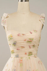 Nude Floral Print A-Line Short Homecoming Dress
