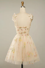 Nude Floral Print A-Line Short Homecoming Dress