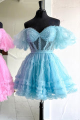 Red Sweetheart A-Line Short Party Dress with Puff Sleeves