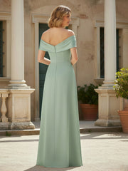 Off-the-Shoulder Pleated Stretch Satin Long Dress Mint Green