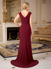 Pleated V-neck Ruffles Sheath Sweep Train Dress Burgundy