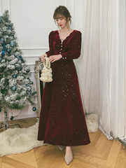Wine Red Velvet Long Sleeves Party Dress, Wine Red V-neckline Prom Dress Evening Dress
