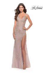 La Femme Long Lace Prom Dress with Sheer Bodice