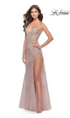 La Femme Long Lace Prom Dress with Sheer Bodice