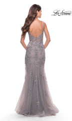 La Femme Long Lace Prom Dress with Sheer Bodice
