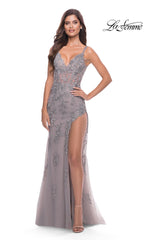 La Femme Long Lace Prom Dress with Sheer Bodice