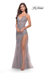 La Femme Long Lace Prom Dress with Sheer Bodice