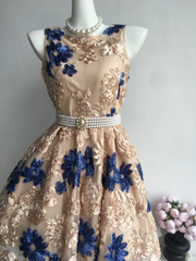 Retro Floral Applique Pearl Belt Design A-line Elegant Homecoming Dress Birthday Dress Party Dress HZ0319