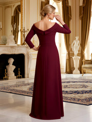 A-Line 3/4 Sleeves Sequin V-neck Long Dress Burgundy