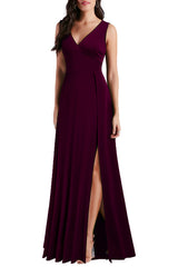 Burgundy Women's V Neck Sleeveless Split Formal Prom Dress Cocktail Party Long Dresses