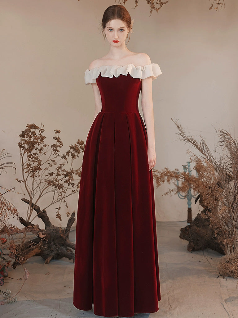 A-Line Off Shoulder Velvet Burgundy Long Prom Dress, Burgundy Formal Dress