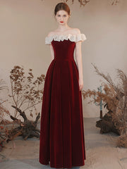 A-Line Off Shoulder Velvet Burgundy Long Prom Dress, Burgundy Formal Dress