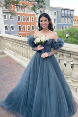 Blue Tulle Long Sleeve Prom Dress, A-Line Off the Shoulder Evening Dress