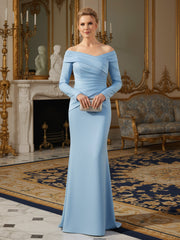 Off-the-shoulder Long Sleeve Pleated Bodycon Dress Sky Blue
