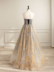 A-Line Tulle Lace Gold/Blue Long Prom Dresses, Tulle Lace Formal Dress