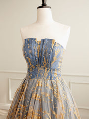 A-Line Tulle Lace Gold/Blue Long Prom Dresses, Tulle Lace Formal Dress