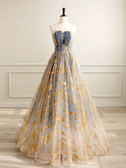 A-Line Tulle Lace Gold/Blue Long Prom Dresses, Tulle Lace Formal Dress