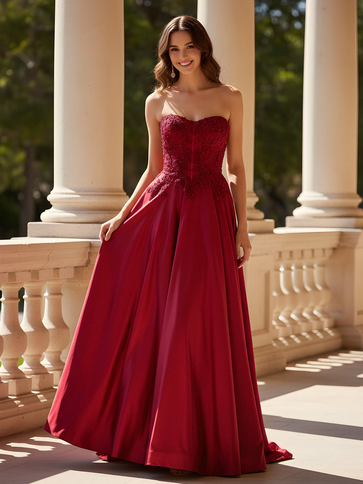 A-Line Appliqued Sweetheart Lace-Up Gown Burgundy