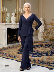 Pleated V-neck Long Sleeve Pant Suit With Bow Dark Navy