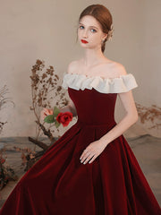 A-Line Off Shoulder Velvet Burgundy Long Prom Dress, Burgundy Formal Dress