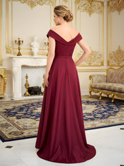 Square Neck A-Line Sweep Train Dress With Flower Burgundy