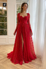 33999 - Unique A-Line Long Sleeves Sweetheart Lace Rhinestone Prom Formal Dress