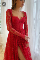 33999 - Unique A-Line Long Sleeves Sweetheart Lace Rhinestone Prom Formal Dress
