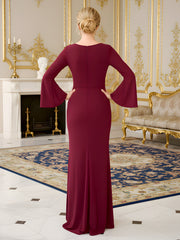 V-neck Pleated Long Flared Sleeves Sheath Dress Burgundy