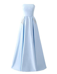 Satin Strapless Beaded Pockets Lace up Back Prom Dress