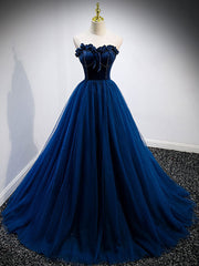 Blue sweetheart neck tulle long prom dress, blue formal dress