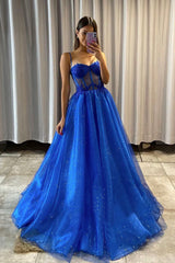 Blue Tulle Lace Long Prom Dress, Blue Spaghetti Straps Evening Dress