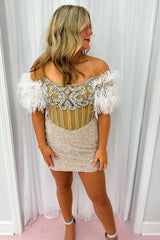 Silver Sequin Off-the-Shoulder Beaded Short Dress with Feathers