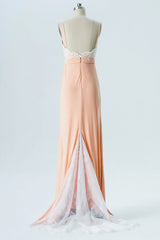 Peach Chiffon Straps Bridesmaid Dress with Sweeping Train