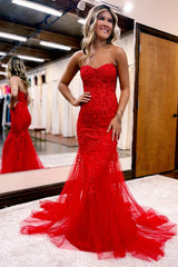 Hot Pink Appliques Sweetheart Lace-Up Trumpet Long Prom Dress