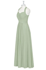 Sage Green Chiffon Halter A-Line Long Maid of Honor Dress