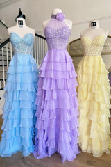 Elegant Ruffle Long Prom Dresses A Line High Slit Dress Outfit