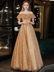 Gold off shoulder tulle long prom dress, gold evening dress