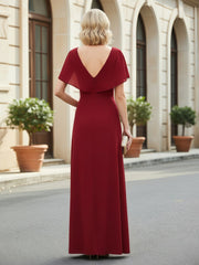 A-Line Flutter Sleeves Pleated V-neck Dress With Slit Burgundy