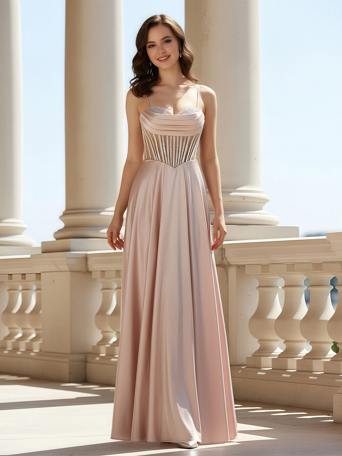 A-Line Sweetheart Floor Length Lace-Up Prom Dress Pearl Pink