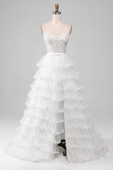 White A-Line Sparkly Sequins Long Corset Prom Dress With Slit Beautiful