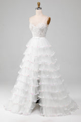 White A-Line Sparkly Sequins Long Corset Prom Dress With Slit Beautiful