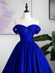 A-Line Sweetheart Neck Tulle Blue Long Prom Dress, Blue Long Formal Dress