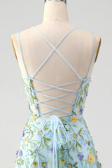 A Line Spaghetti Straps Front Slit Tulle Applique Long Prom Dress With Embroidery With Flowers